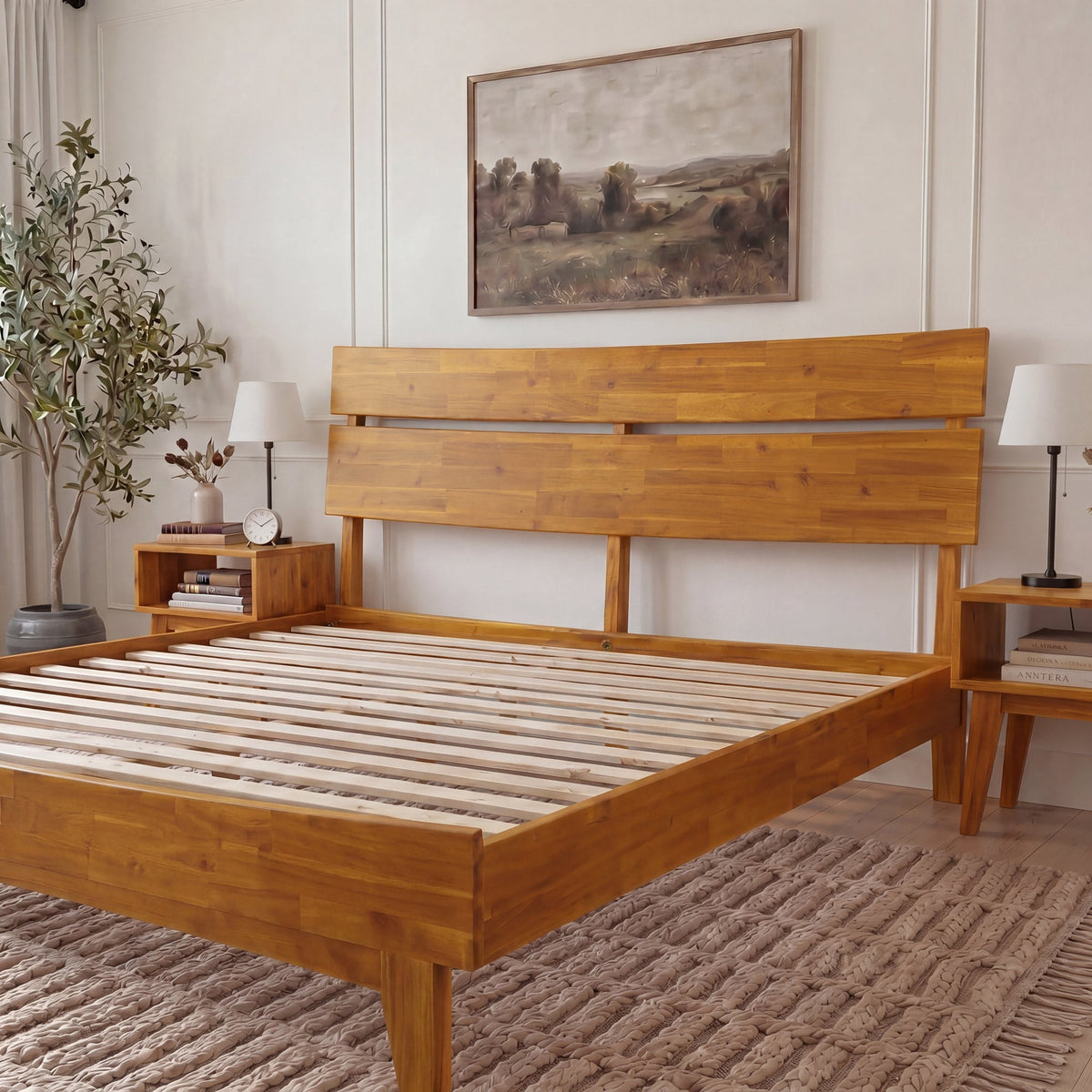 Mocha queen-sized Aurora solid wood bed frame by Megsu with a sturdy, minimalist design and natural wood finish.