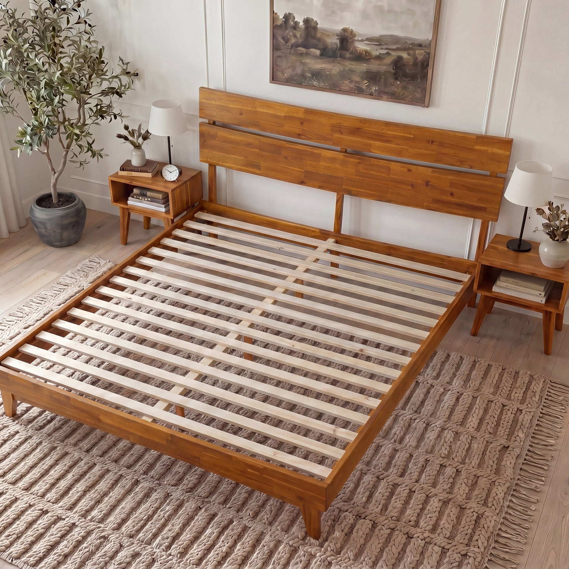 Mocha Queen Aurora solid wood bed frame by Megsu, showcasing a sturdy and elegant design with a natural wood finish.