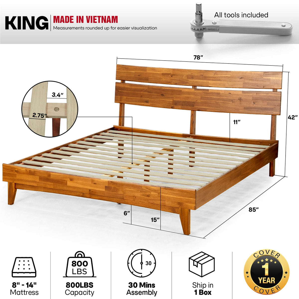Mocha Aurora solid wood queen bed frame by Megsu, showcasing a sturdy, stylish design with a natural wood finish.