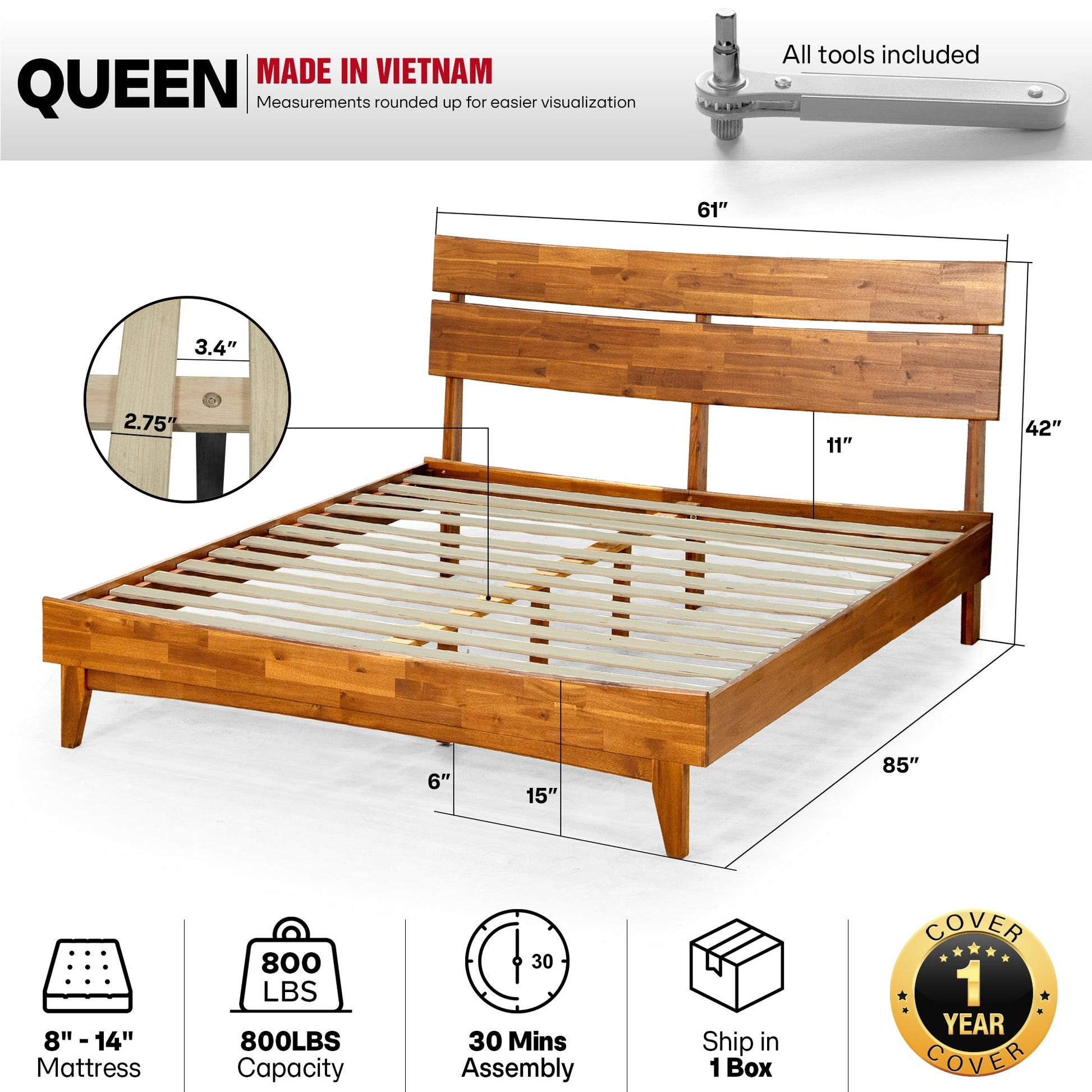 Mocha queen-sized Aurora solid wood bed frame by Megsu, featuring a sturdy, natural wood finish and simple, elegant design.