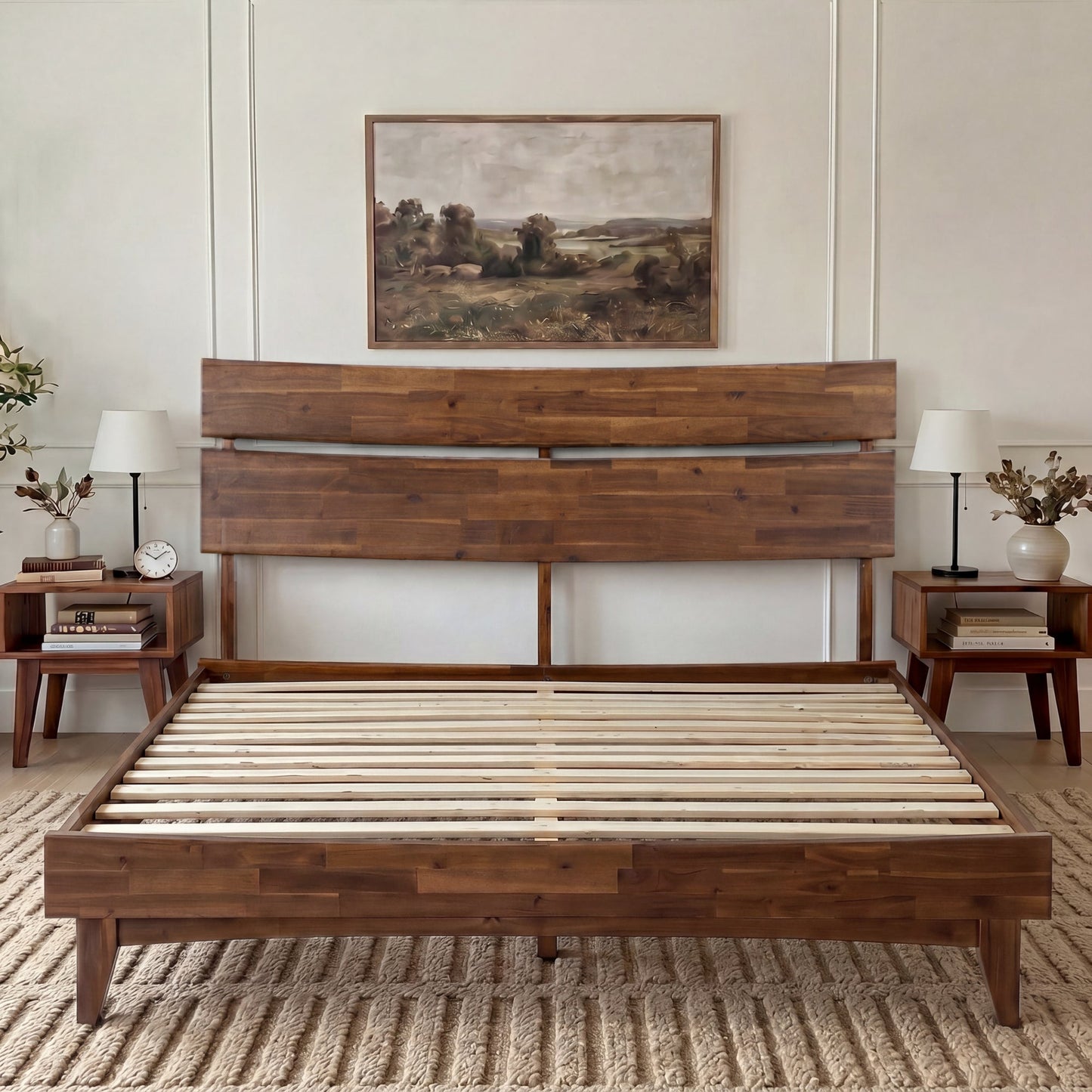 Mocha Queen Aurora solid wood bed frame by Megsu with a sturdy, elegant design and natural wood finish.