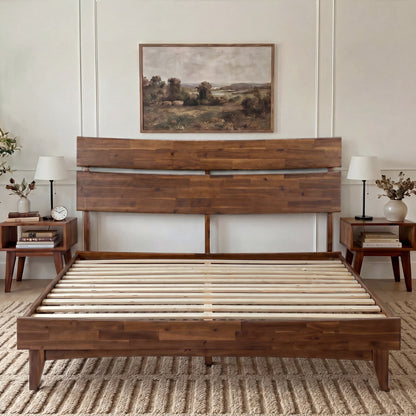 Mocha Queen Aurora solid wood bed frame by Megsu with a sturdy, elegant design and natural wood finish.