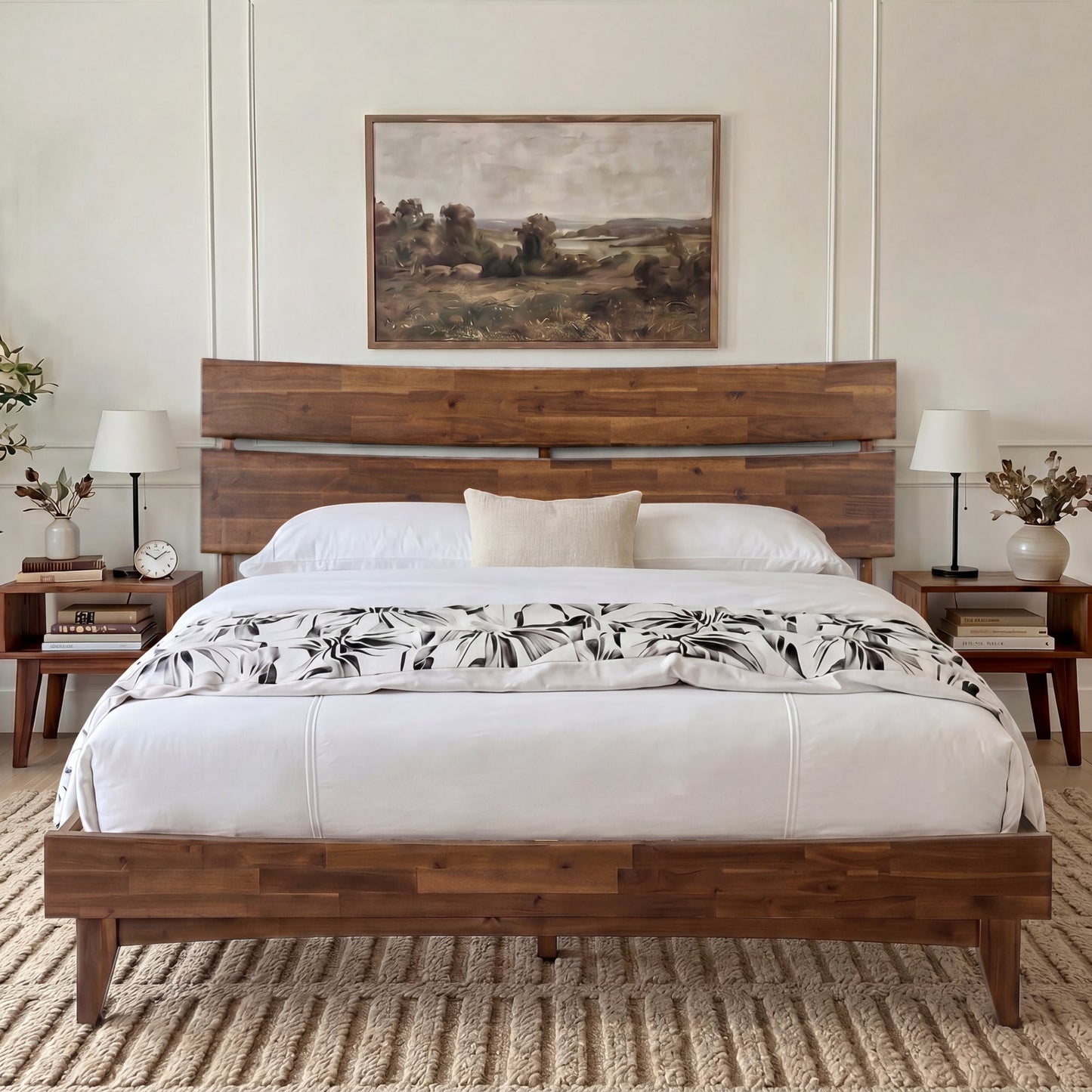 Mocha queen-sized Aurora solid wood bed frame by Megsu, showcasing the sturdy wooden structure and elegant design.
