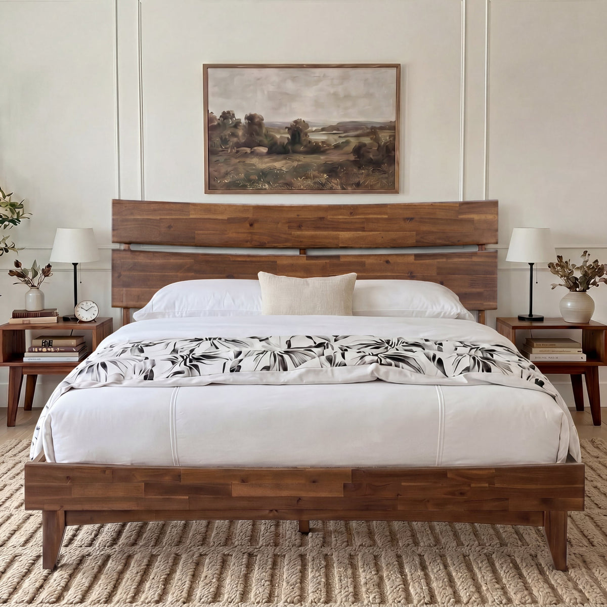 Mocha queen-sized Aurora solid wood bed frame by Megsu, showcasing the sturdy wooden structure and elegant design.