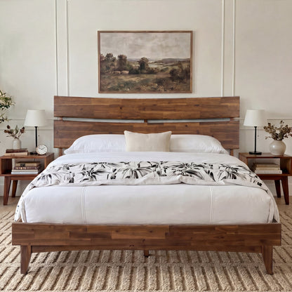 Mocha queen-sized Aurora solid wood bed frame by Megsu, showcasing the sturdy wooden structure and elegant design.