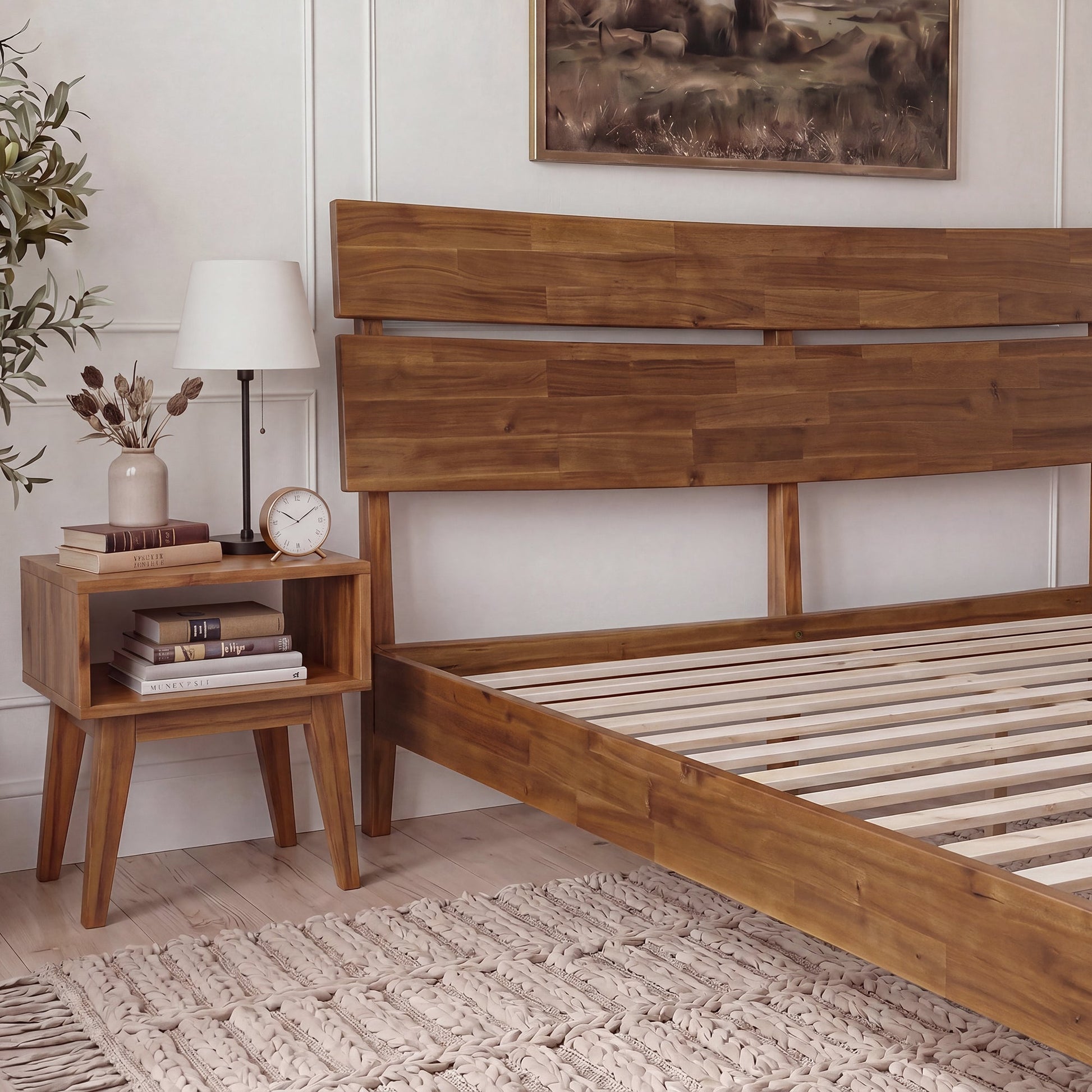 Mocha queen-sized Aurora solid wood bed frame by Megsu with a sturdy, minimalist design and natural wood finish.