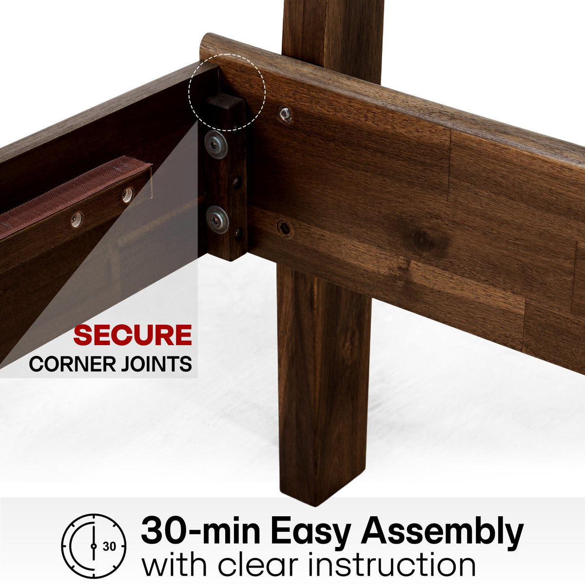 Mocha Queen Aurora solid wood bed frame by Megsu, showcasing sturdy construction and natural wood finish for a stylish bedroom.