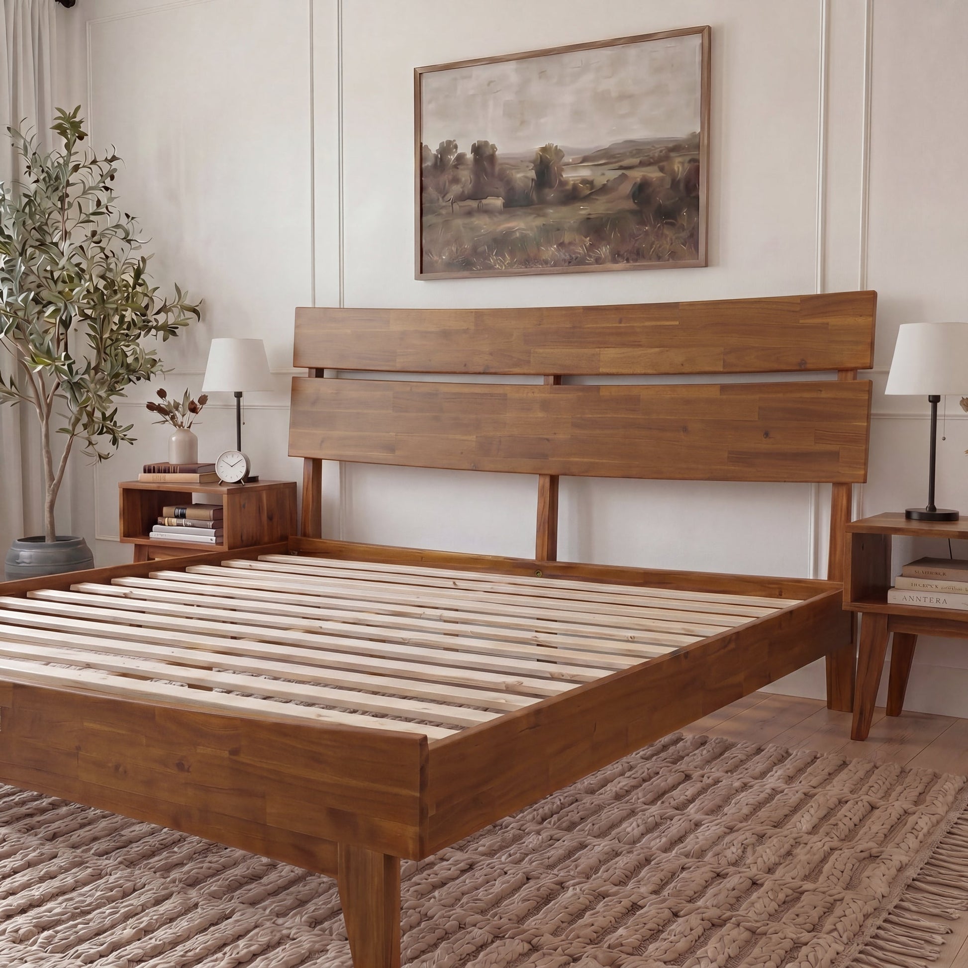 Mocha queen-sized Aurora solid wood bed frame by Megsu with a sleek, sturdy design and natural wood finish.