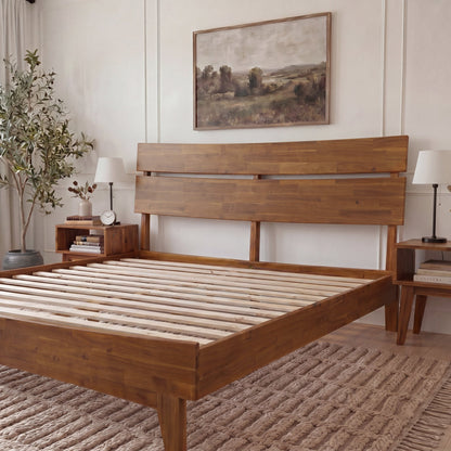 Mocha queen-sized Aurora solid wood bed frame by Megsu with a sleek, sturdy design and natural wood finish.
