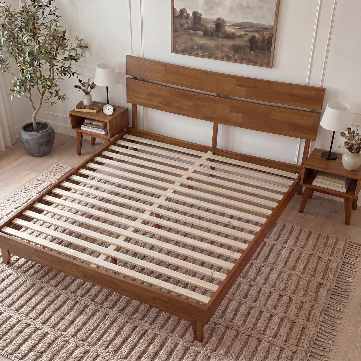 Mocha queen-sized Aurora solid wood bed frame by Megsu with a sturdy design and natural wood finish.