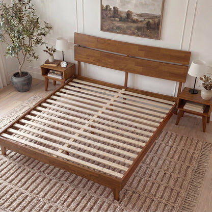 Mocha queen-sized Aurora solid wood bed frame by Megsu with a sturdy design and natural wood finish.