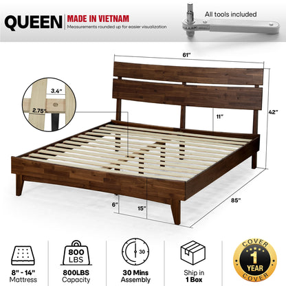 Mocha queen-sized Aurora solid wood bed frame by Megsu with a sturdy, natural finish and simple, elegant design.