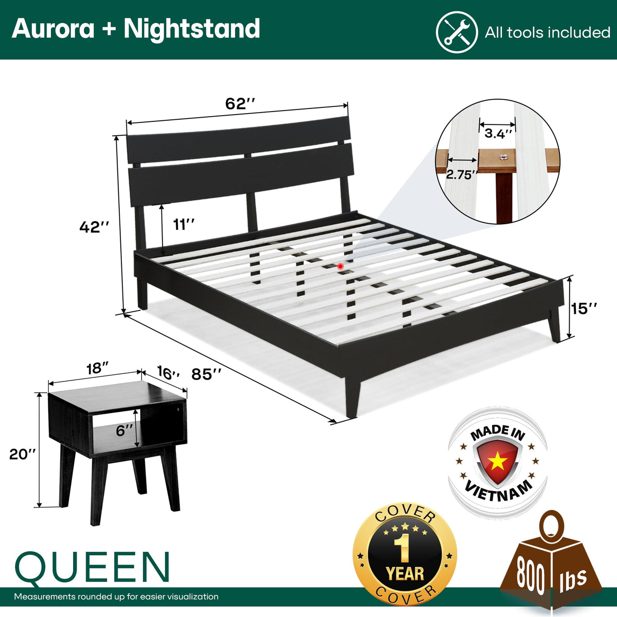 Mocha queen-size Aurora solid wood bed frame by Megsu with a sturdy, elegant design and natural wood finish.