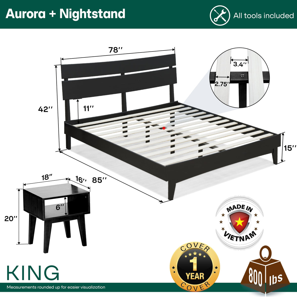 Mocha queen-sized Aurora solid wood bed frame by Megsu with clean lines and sturdy construction, shown in a bedroom setting.