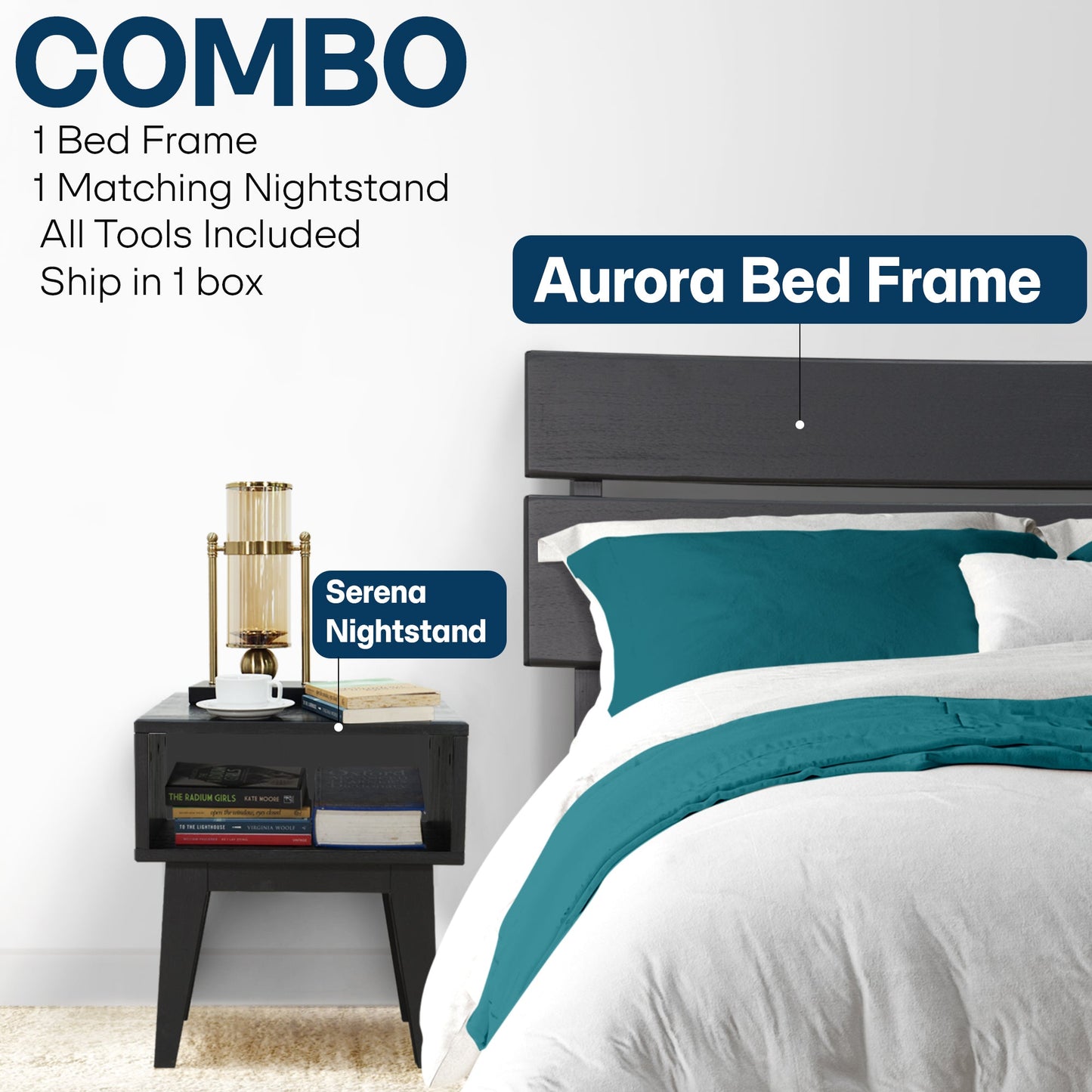 Mocha queen-sized Aurora solid wood bed frame by Megsu, showcasing a sturdy and stylish design with a natural wood finish.