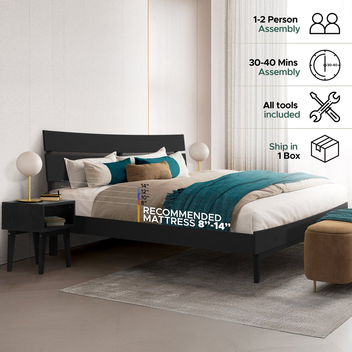 Mocha queen-sized Aurora solid wood bed frame by Megsu with a sleek, minimalist design and sturdy construction.