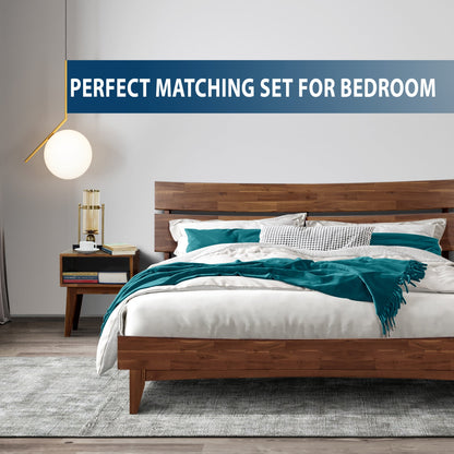 Mocha queen-sized Aurora solid wood bed frame by Megsu, showcasing the sturdy, elegant design and natural wood finish.