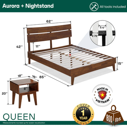 Mocha queen-sized Aurora solid wood bed frame by Megsu with a sturdy, minimalist design and natural wood finish.