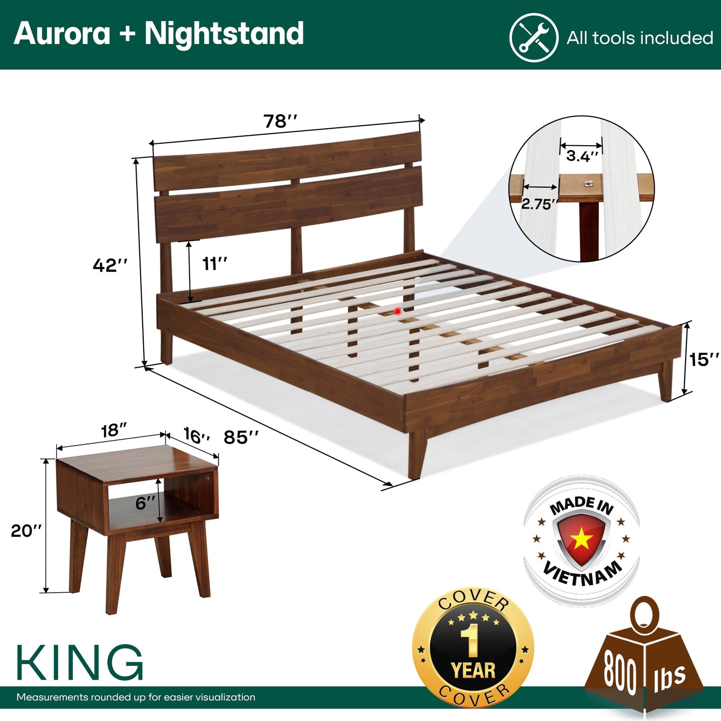 Mocha queen-sized Aurora solid wood bed frame by Megsu with clean, modern design and sturdy construction.