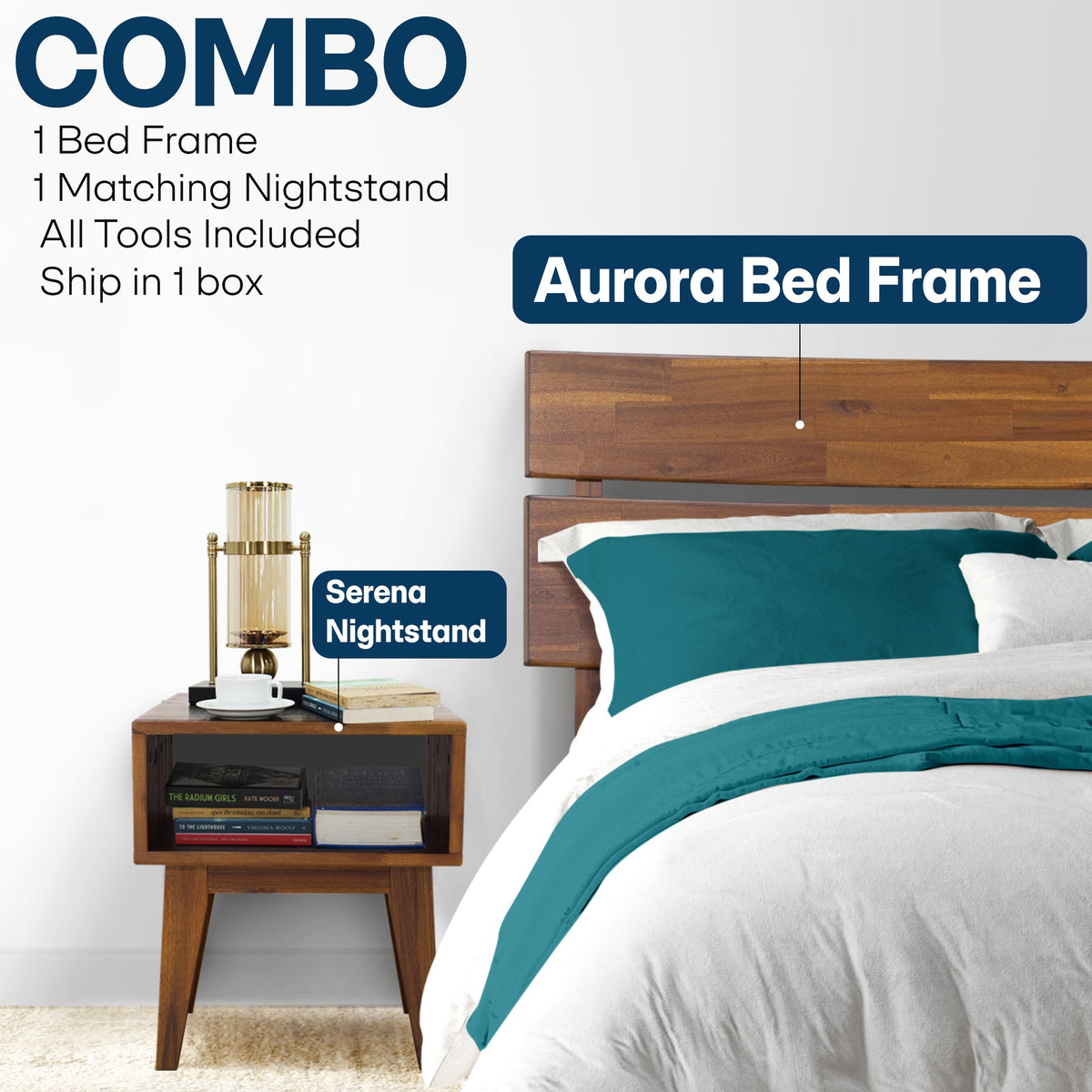 Mocha queen-sized Aurora solid wood bed frame by Megsu with a sleek, minimalist design and sturdy construction.