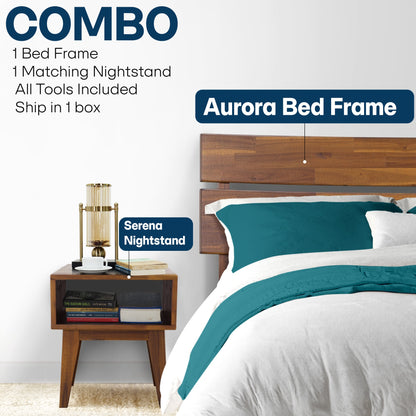 Mocha queen-sized Aurora solid wood bed frame by Megsu with a sleek, minimalist design and sturdy construction.
