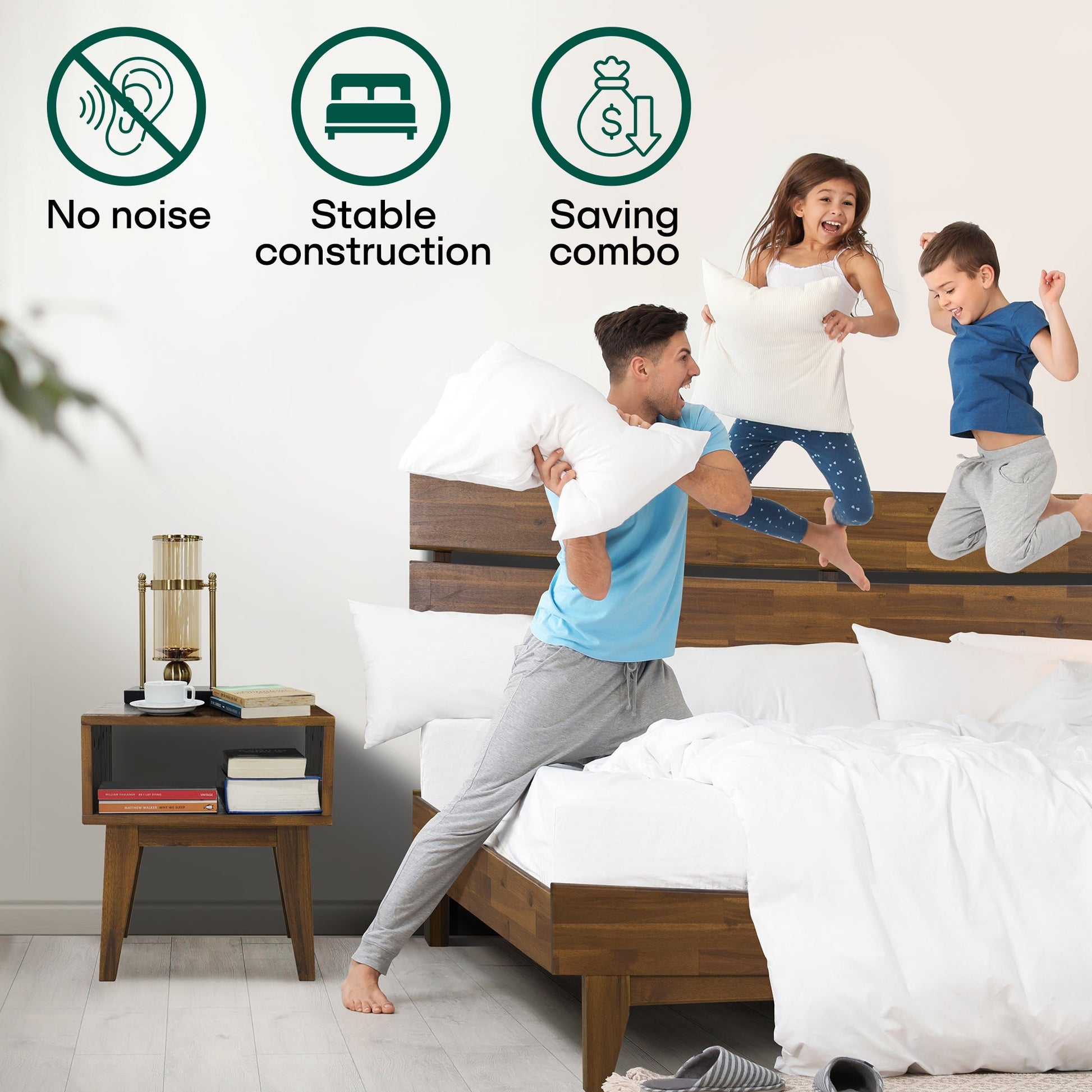 Mocha queen-sized Aurora solid wood bed frame by Megsu, showcasing a sturdy, elegant design with a natural wood finish.