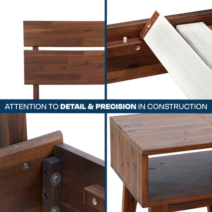 Mocha queen-sized Megsu Aurora solid wood bed frame with clean, sturdy design and natural wood finish.