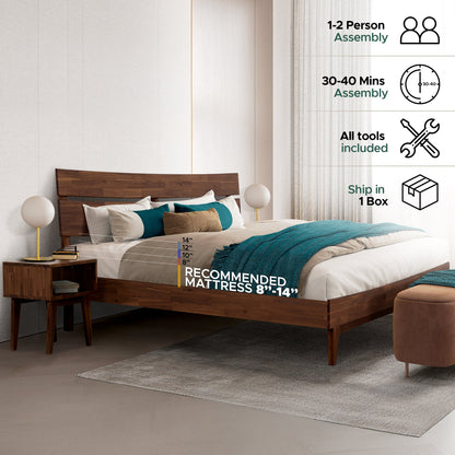 Mocha queen-sized Aurora solid wood bed frame by Megsu with a sturdy, natural finish and sleek design for a modern bedroom.