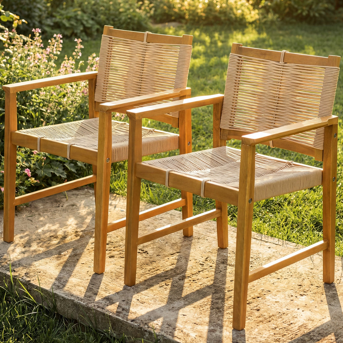 Wide outdoor armchair by Megsu with a sturdy frame and comfortable cushioned seat, ideal for garden or patio relaxation.