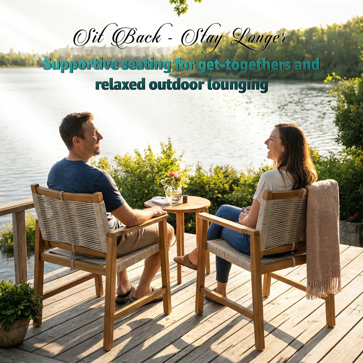 Megsu Heritage Wide Outdoor Armchair with wooden frame and cushioned seat, designed for comfortable outdoor seating.