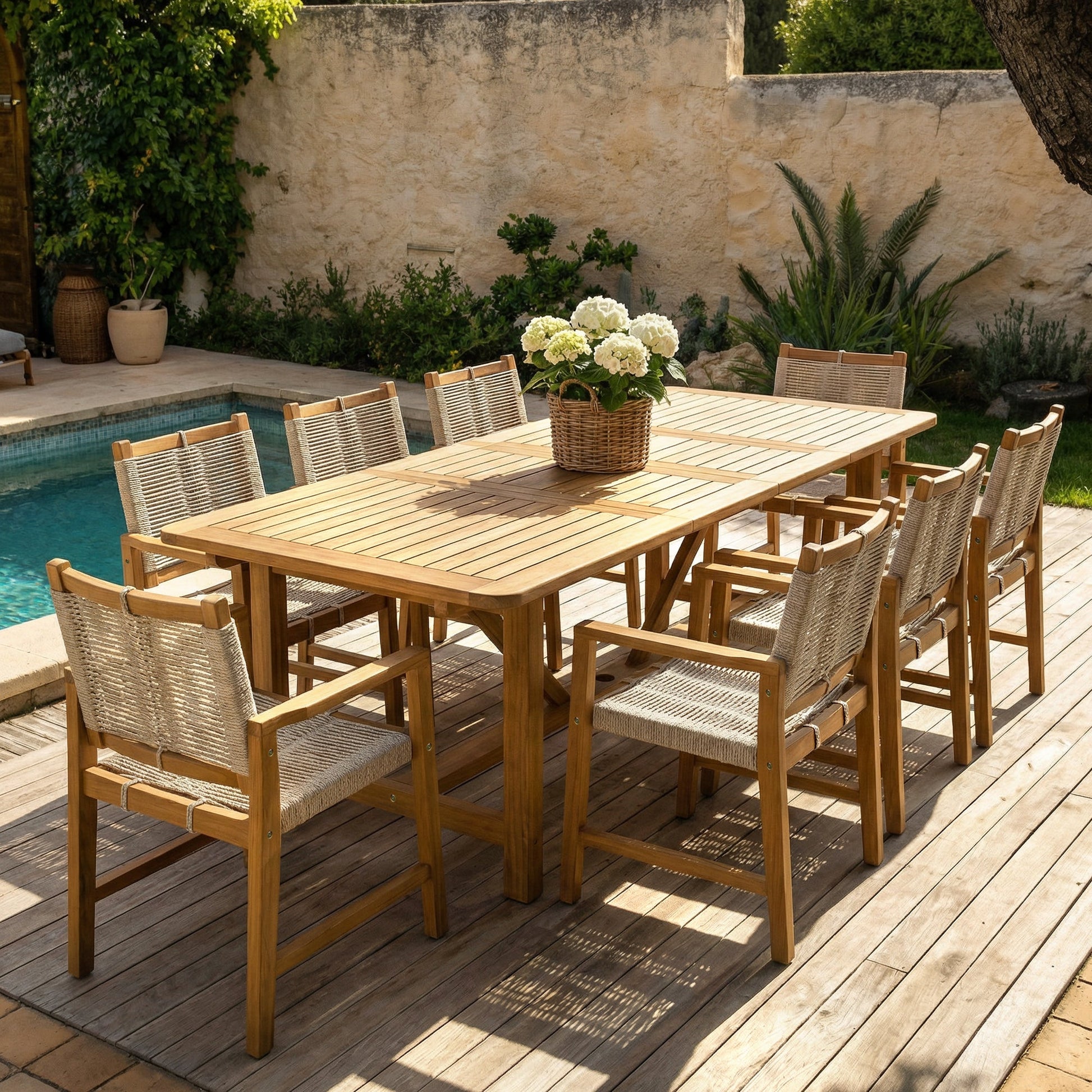 Megsu Heritage Wide Outdoor Armchair with woven rattan-style frame and plush cushion, designed for comfortable outdoor seating.
