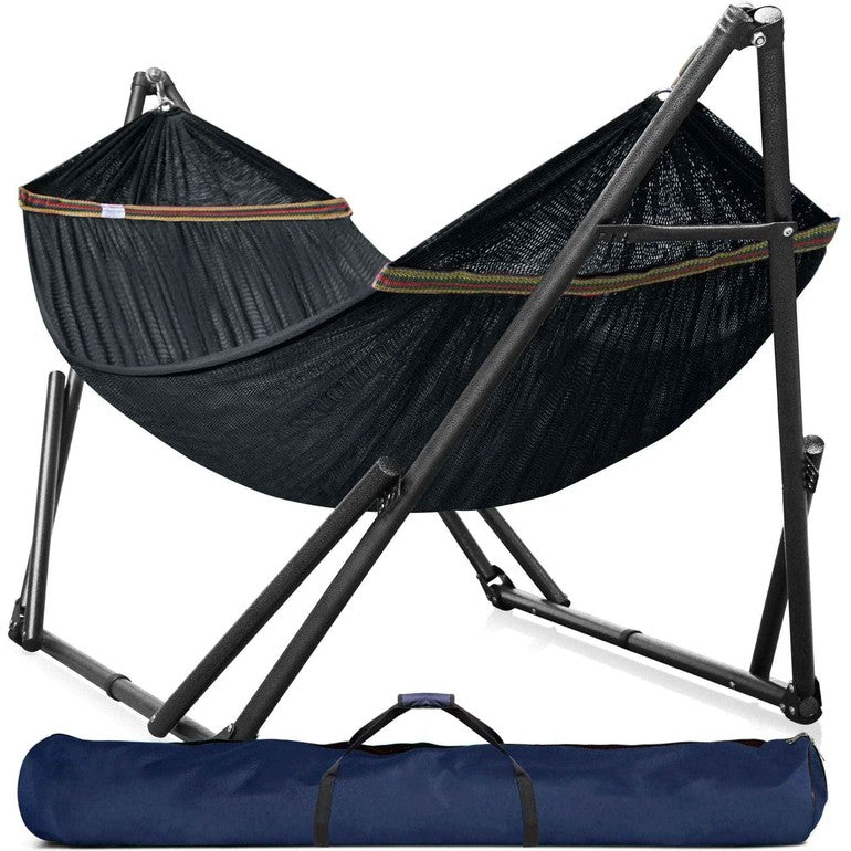 Megsu Tranquillo universal hammock set with medium stands, showcasing a black hammock perfect for relaxing outdoors.
