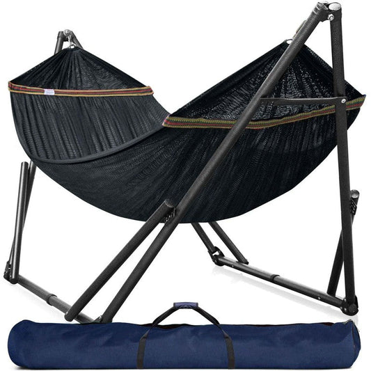 Megsu Tranquillo universal hammock set with medium stands, showcasing a black hammock perfect for relaxing outdoors.
