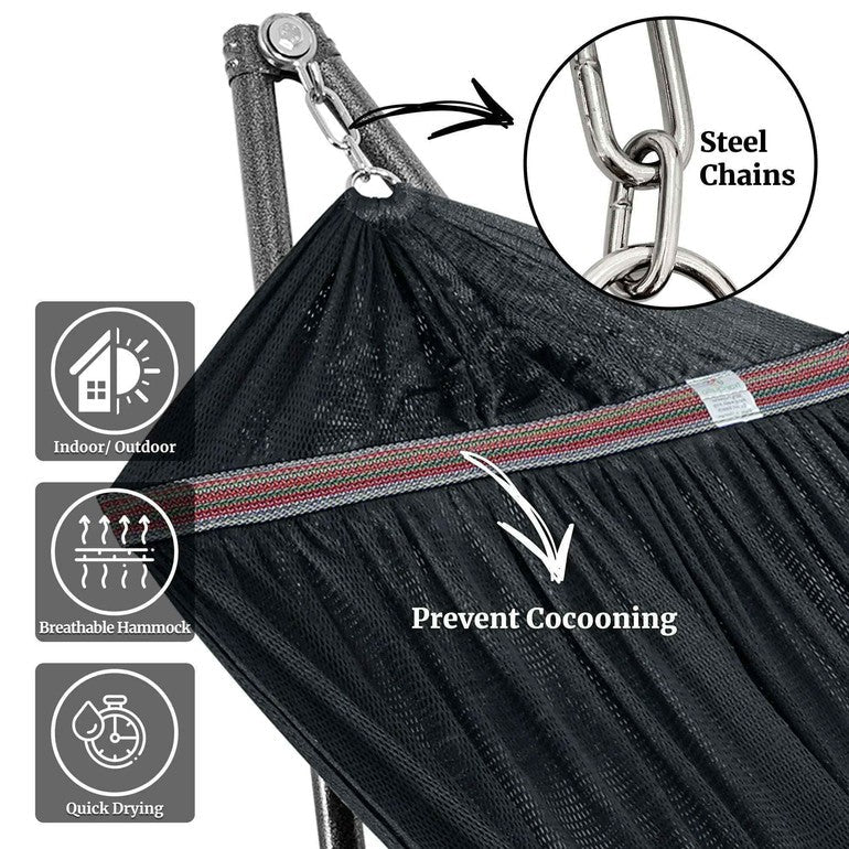 Megsu Tranquillo universal hammock set with medium-size stand in black, perfect for relaxing outdoors or indoors.