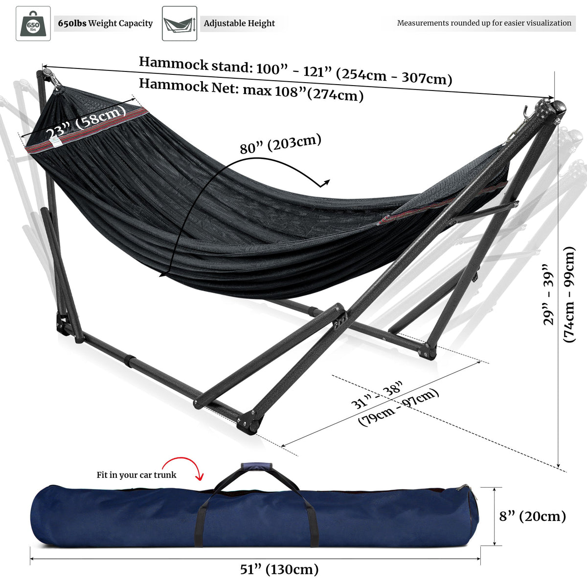 Megsu Tranquillo universal hammock set with medium-sized stand, black fabric, perfect for relaxing outdoors or indoor lounging.
