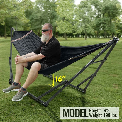 Megsu Tranquillo universal hammock set with medium stand, black fabric, perfect for relaxing outdoors or indoors.