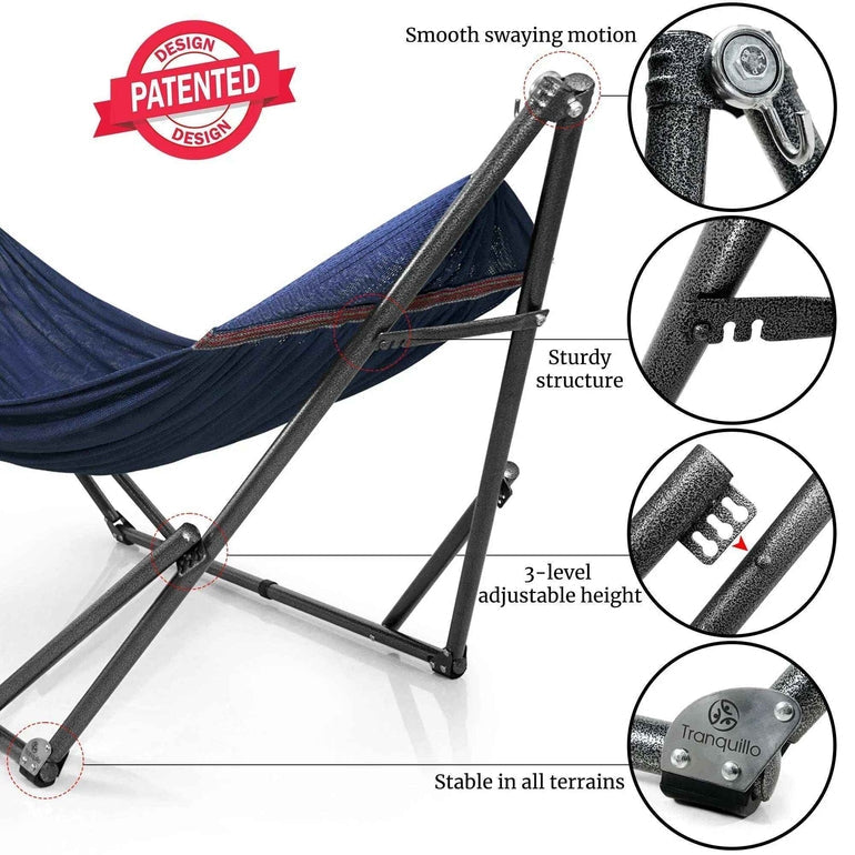 Megsu Tranquillo universal hammock set with medium stands, black fabric, perfect for relaxing outdoors or indoor lounging.