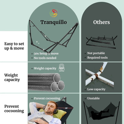 Megsu Tranquillo Universal Hammock set with medium size stand in black, ideal for relaxation and outdoor lounging.