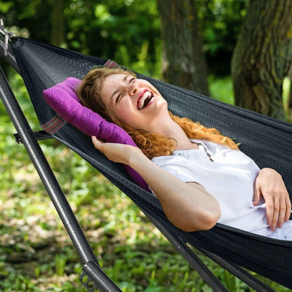 Megsu Tranquillo universal hammock with medium stand set, black fabric, ideal for relaxation and outdoor lounging.