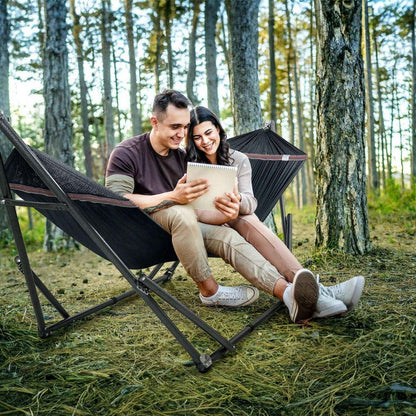 Megsu Tranquillo universal hammock full set with medium-sized stands, black fabric, ideal for relaxation and outdoor use.