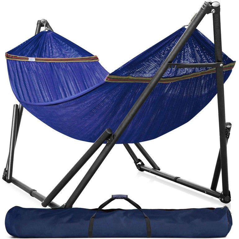 Megsu Tranquillo universal hammock set with medium stands, black fabric, perfect for relaxing and outdoor lounging.