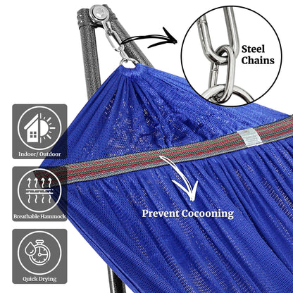 Megsu Tranquillo universal hammock set with medium stands, featuring comfortable fabric for relaxing outdoor lounging.