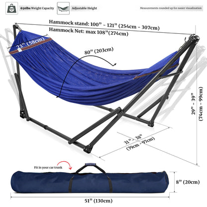 Megsu Tranquillo universal hammock set with medium-sized stand, featuring black fabric and sturdy construction for comfortable relaxation.