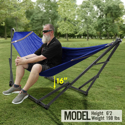 Megsu Tranquillo universal hammock full set with black hammock and medium-sized stand for relaxing outdoor comfort.