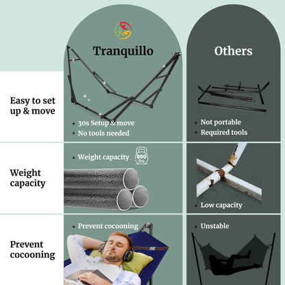 Megsu Tranquillo universal hammock set with medium-sized stands, black fabric, perfect for relaxing outdoors or indoor lounging.