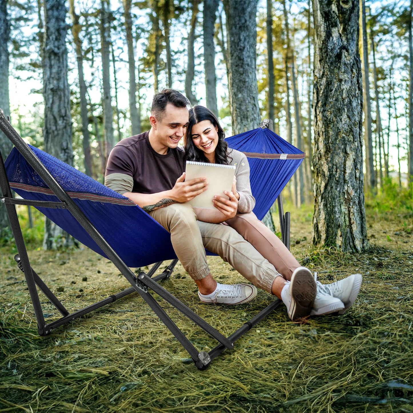 Megsu Tranquillo universal hammock full set with medium-sized stands, black, perfect for relaxing and outdoor leisure.