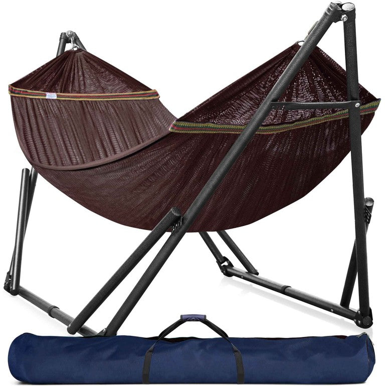 Megsu Tranquillo universal hammock full set with medium size stands, black fabric, perfect for relaxing outdoor or indoor use.