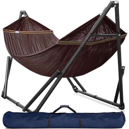 Megsu Tranquillo universal hammock full set with medium size stands, black fabric, perfect for relaxing outdoor or indoor use.