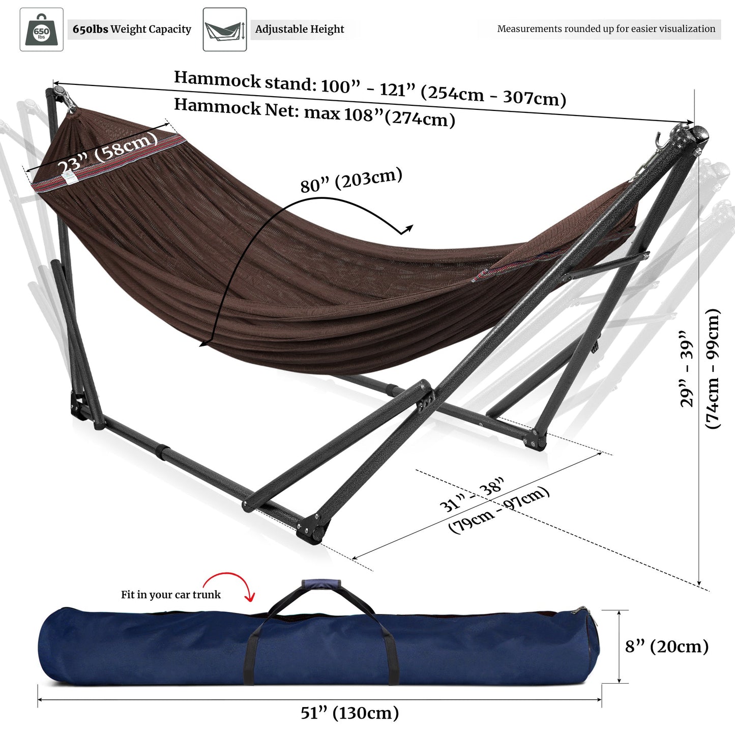 Megsu Tranquillo universal hammock set with medium stand, black fabric for relaxing outdoor lounging and comfortable support.