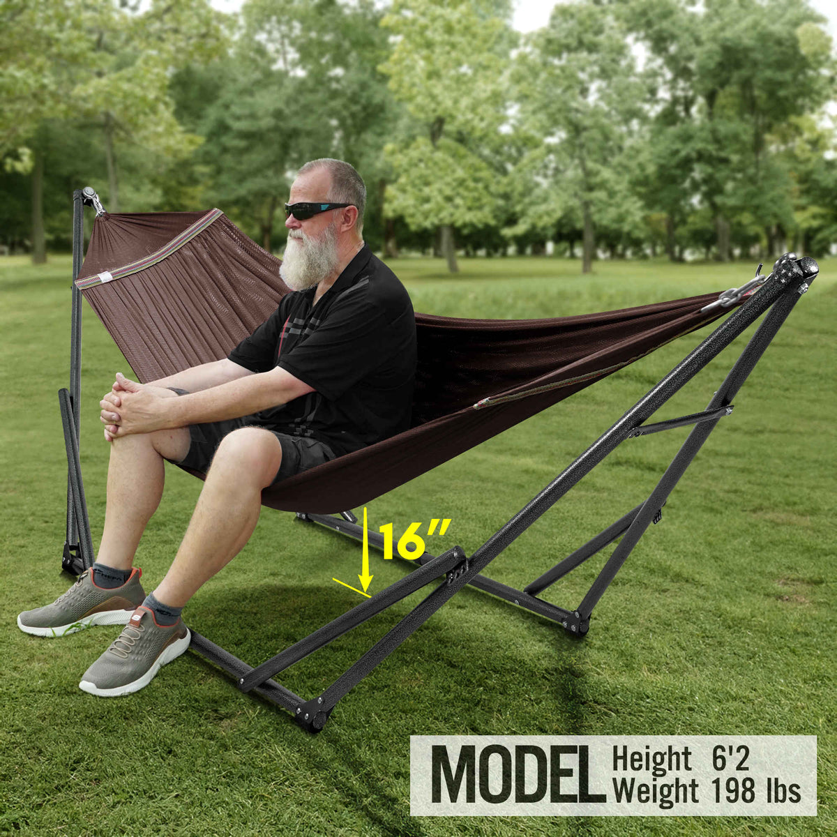 Megsu Tranquillo universal hammock set with medium stands, showcasing a black hammock ideal for relaxing outdoor or indoor spaces.